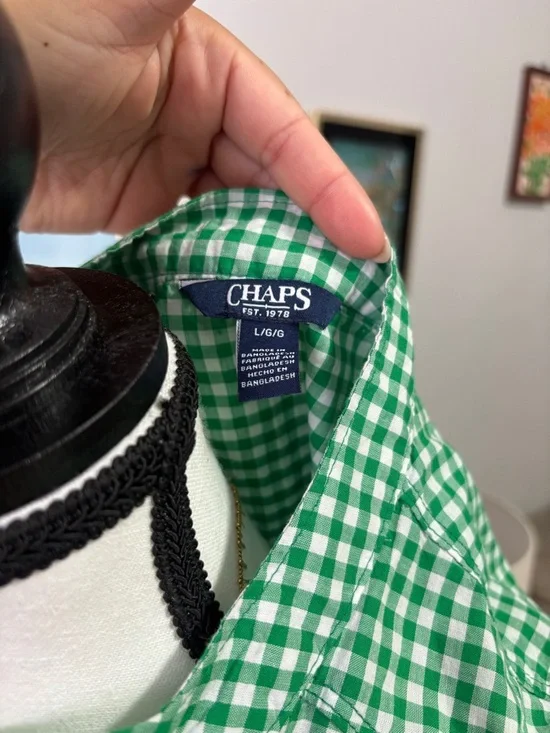 Chaps Green Gingham Ruffle Peplum Top with Tan Hem - Picture 6 of 6